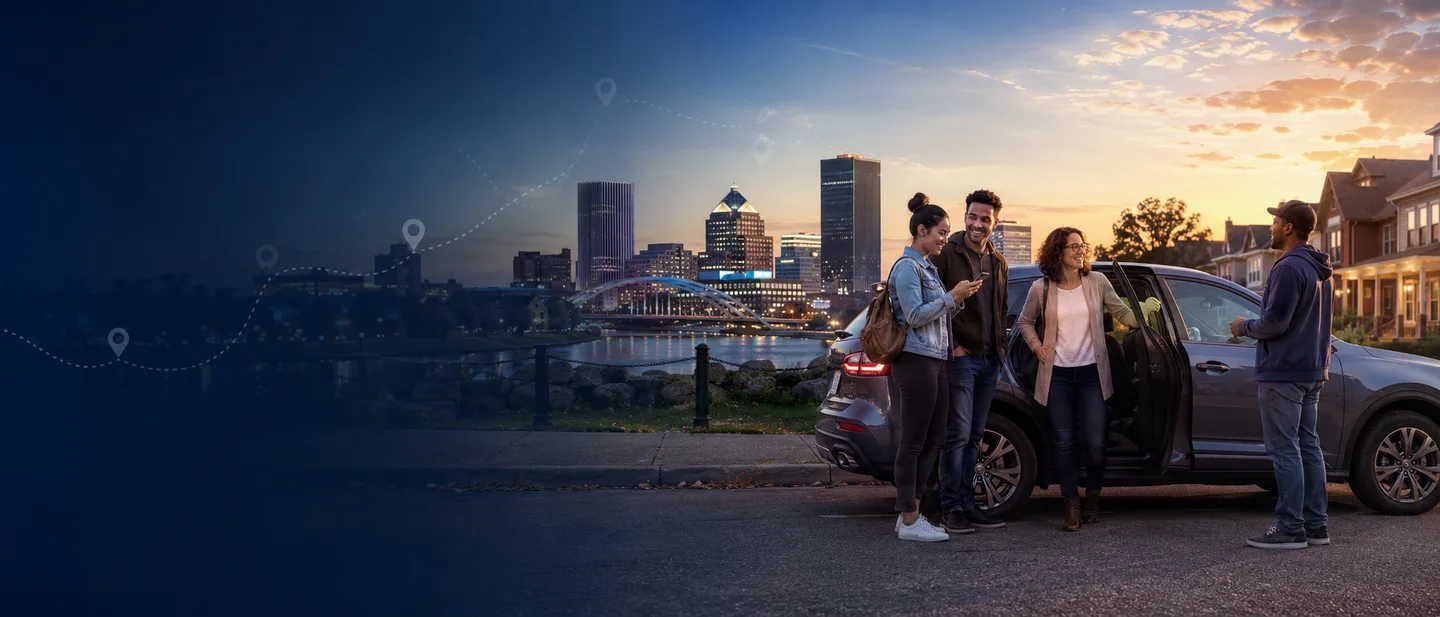 Rochester neighbors meeting up by an SUV at dusk with the downtown skyline behind